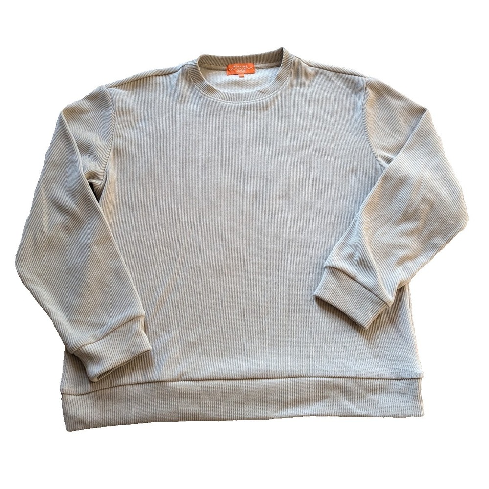 Negative Space Ribbed Crewneck Shirt Mens Sz L Long Sleeve Pullover Waffle Beige
